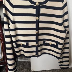 Boden Navy and Cream Striped Button-Front Cardigan with Gold Buttons